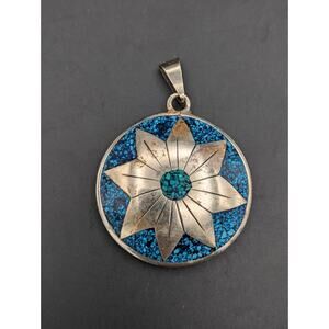 Vintage Mexico Inlay Sunburst Aztec Warrior Reversible Turquoise Chip Pendant